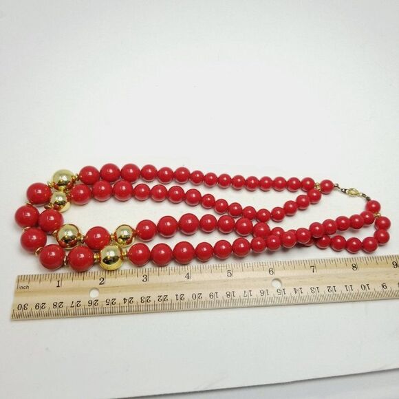 Vintage Red Beded Two Strand Necklace with Gold Tone Accents, Retro Statement - Picture 4 of 5